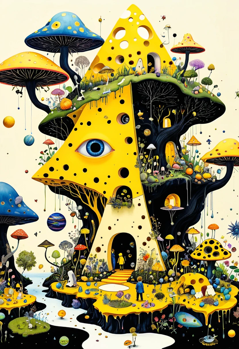 Intense visual fusion of various elements，broto，microorganism、plantar、Cheese house、Eye、wild animal life，Stitching an abstract painting，Describing the inner world of autistic people，Sense of space，blank space，interesting，innocence，psychedelic art，yellow and black,3d