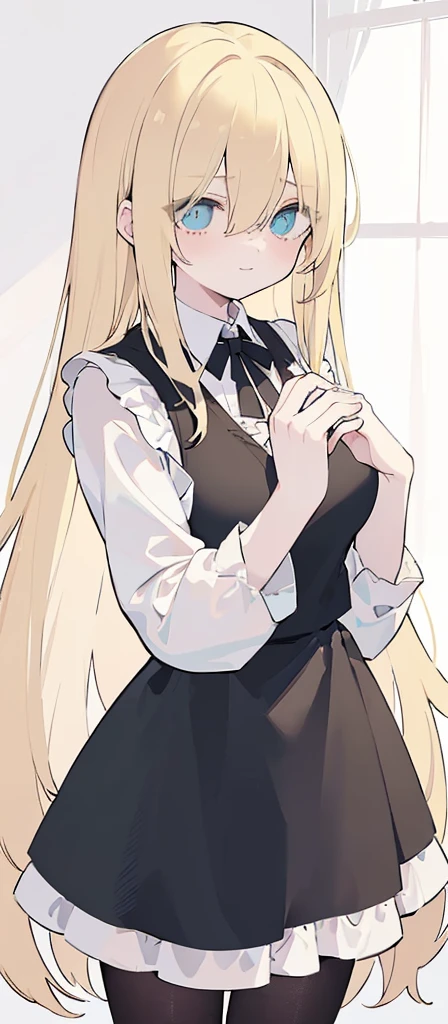 (((Long blonde Beautiful Hair))),blonde hair,kawai,(((Eyes visible from bangs,hair over eyes:1.3))),,Huge breasts,(cyan green color eyes),,(cyany slanted eyes),1girl in,bangs,long gray hair, pantyhose,Cowboy Shot,white background,short hair,smiled,(wearing black maid clothes), (maid dress type must have a perfect black vest), Bangs should be long to the tip of the chin(((Hands focused on holding a towel))), Kitchen room background, Perfect arm fingers,,, 1 girl, ((The image must match the tag)) Bangs almost cover the eyes full body (The character's entire body from top to bottom is completely visible)