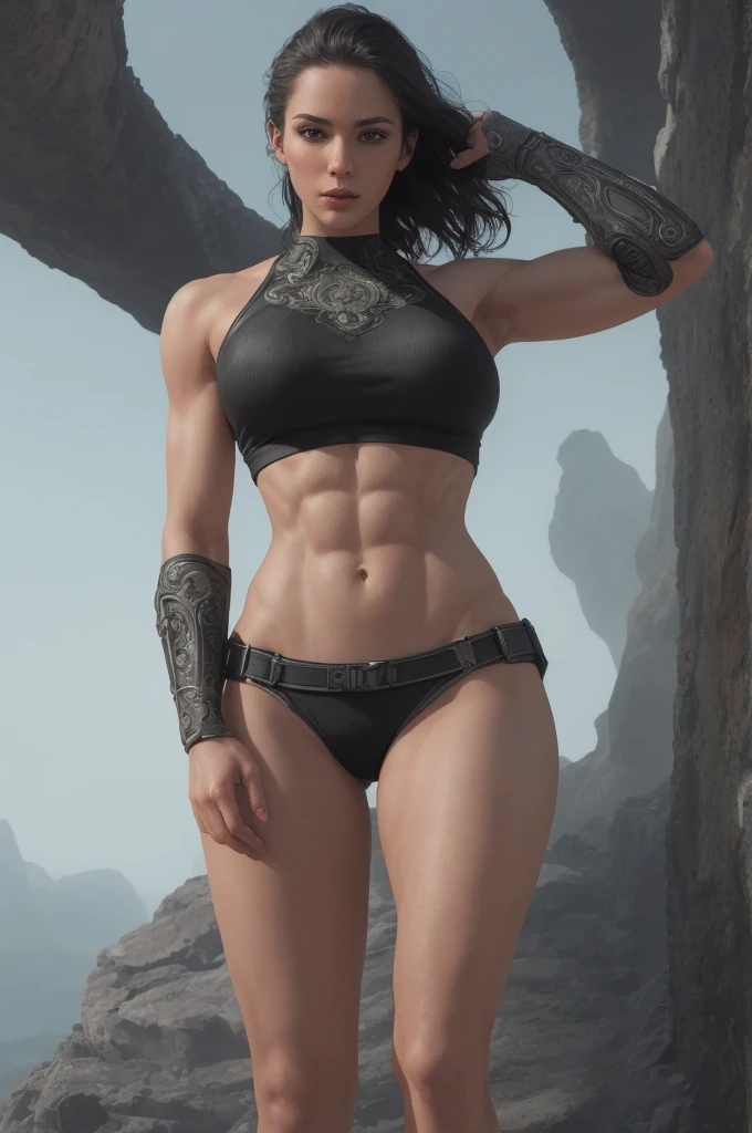 a fit athletic woman, beautiful detailed eyes, beautiful detailed lips, extremely detailed face and features, fit toned body, 6 pack abs, dynamic pose, natural lighting, seamless 3D rendering, photorealistic, highly detailed, cinematic composition, dramatic lighting, vibrant colors, fantasy sci-fi landscape, futuristic environment, intricate details, elegant, alluring, confident personality