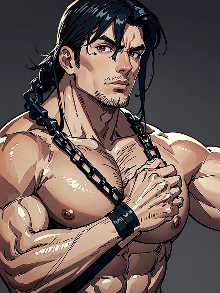 big, muscular man with scars on his arms (handsome man) (muscular man). black hair and short ends, very pointed and straight. small gray eyes. Only with a thong, with black bandages on arms and hands. A military chain around the neck and a condom in the mouth (masterpiece), (Best Quality), (ultra detailed), (illustration)