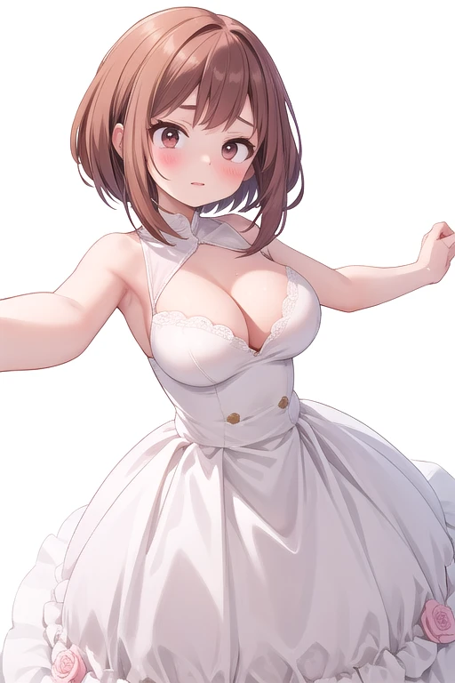 incoming hug, 1 girl, Alone, White background, Big breasts, ochako uraraka wearing wedding dress, ((breasts of 420 cm)) mega busty