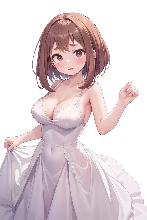 incoming hug, 1 girl, Alone, White background, Big breasts, ochako uraraka wearing wedding dress, ((breasts of 420 cm)) mega busty