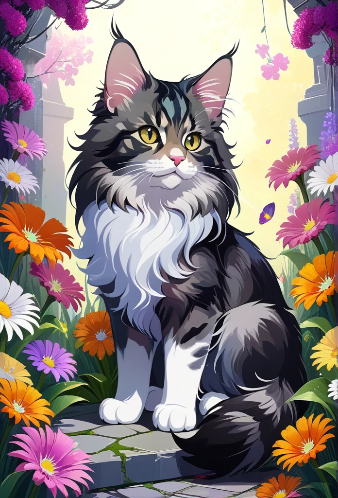 (masterpiece,  top quality,  best quality,  beautiful and aesthetic:1.0), (beautiful cute maincoon baby:1.0), fantasy background with many abstract flowers