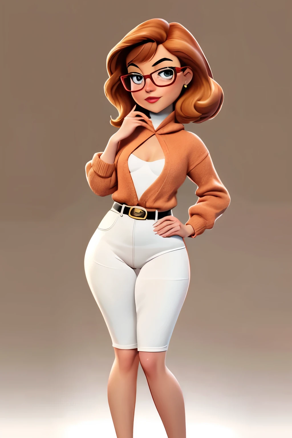 1girl as cartoon character, turquoise sweater dress, large belt, front camera, perfect hands, high-heels, chestnut hair, short page boy hair, Perfect big eyes, looking ahead at viewer, round chest, Broad Hips, White background, clean background, kkw-ph1, cake, transparentes, bulging thighs, camel toe, showing the ass, perneiras, thick square glasses, Nerd, geek, thick high throat