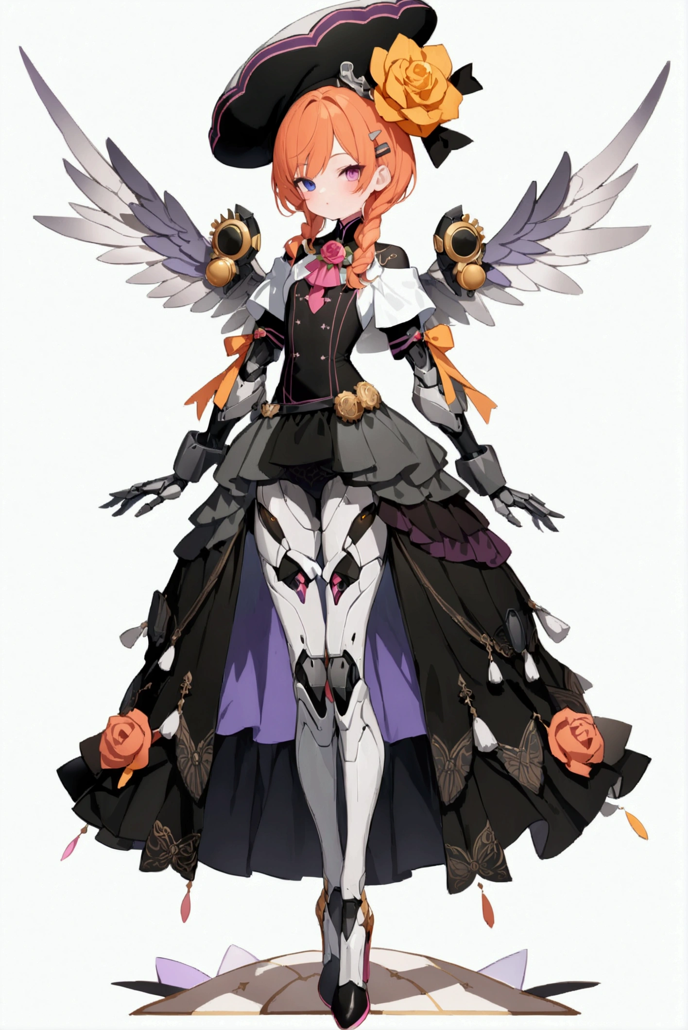 woman 160 cm tall, slim build, , charming look, ((heterocromia: look like, derecho naranja y look like izquierdo violeta)), (gray hair with pink details wavy shoulder length, He has a medium braid on the left side of his hair on his chest., big open bangs, has a gear hairpin on the left side of the hair), (((complex mechanical legs up to the hip, The legs are black with gray parts with small pink details))), (((complex mechanical arms up to the elbows, The arms are black with gray parts with small pink details))), (complex mechanical angel wings of white color with dark gray parts), elegant black French beret with an orange rose ribbon, golden gear in the beret next to the ribbon, (elegant thigh-length one-piece dress, bell skirt, short sleeves, elegant black hip belt with orange parts, small rose brooch in the middle of the chest, beautiful stiletto heels, blue and black ribbon decorations on the dress, (((character design sheet: Front view))), ((Whole body)), extremely detailed beautiful hair, beautiful detailed dress, extremely detailed arms, extremely detailed face, (Extremely detailed hands), perfect hands, small face, hermosos look likes detallados, beautiful detailed lips, adorable, extremely detailed legs, (Best Quality, 8k, High resolution), ultra detailed, Exquisite and epic character art, ((White background)), (Focus on symmetry).