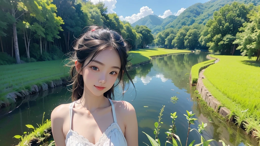 8k、RAW Photos、Highest quality、Very detailed、Super Resolution、Ultra HD、8k壁紙、Amazing details summer、A country road lined with rice fields、blue sky、Shining Sun