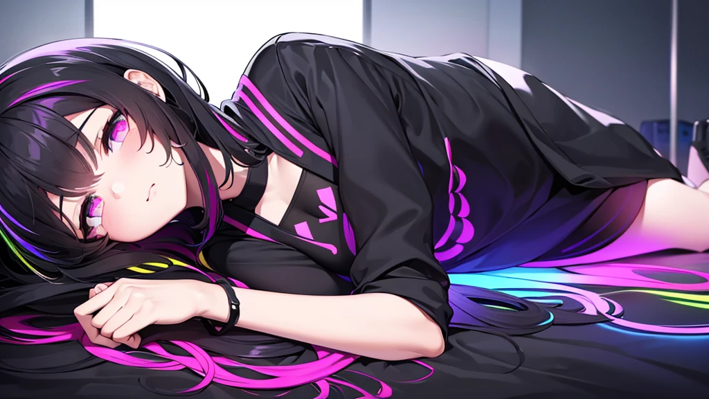1 PC girl lying on her side. RGB lights on clothes. Black clothes. Multi colored lights all over her.