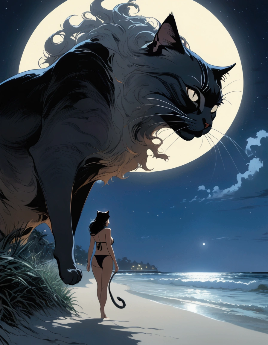 A giant cat stalks a bikini clad woman, beach by moonlight