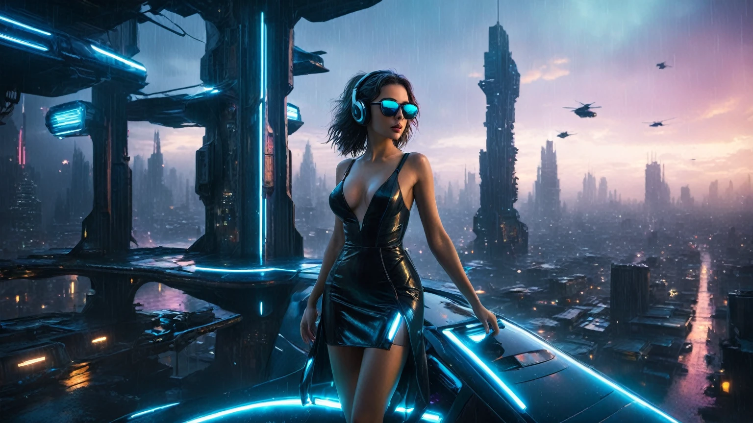 (aerial view, a flying cars docking platform, a very dark abandoned futuristic city, neon lights), rainy night. 1girl, solo, alone, large-breast:1.2 slim body, cleavage:1.1, sexy wind blowing wet dress:1.4, (headphone, black sunglasses), (((((she raised:1.8 a pistol:1.8 and took aim at viewer))))), dynamic pose, (((half-body thigh level medium shot))), cinematic lighting, lens flare, ray tracing.