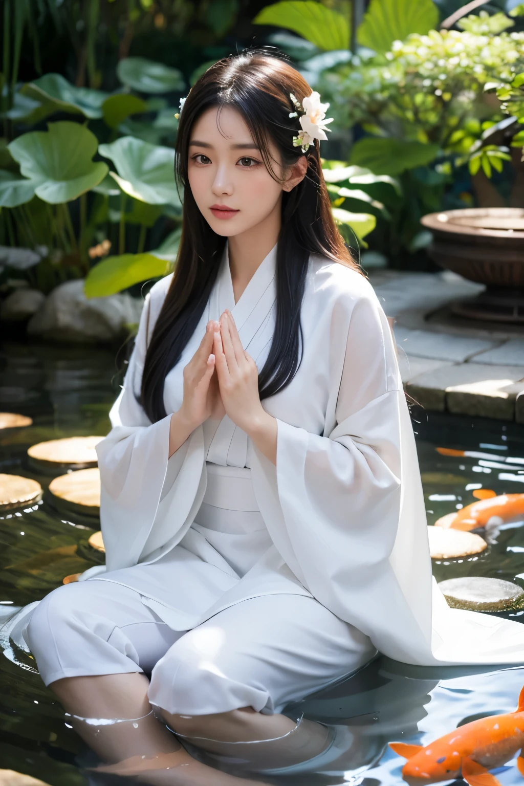 a beautiful woman in a discreet Zen costume, meditating in an elaborate Zen garden with a koi fish pond and lotus flowers; hyperdetailed face, super realistic eyes and hands, smooth, sparkling skin; big wise eyes; breathtaking-pure beauty-divine perfection-unforgettable, impressive presence; volumetric lighting, halos, rays, vivid color reflections, super detailed, super sharp, super realistic, 8k