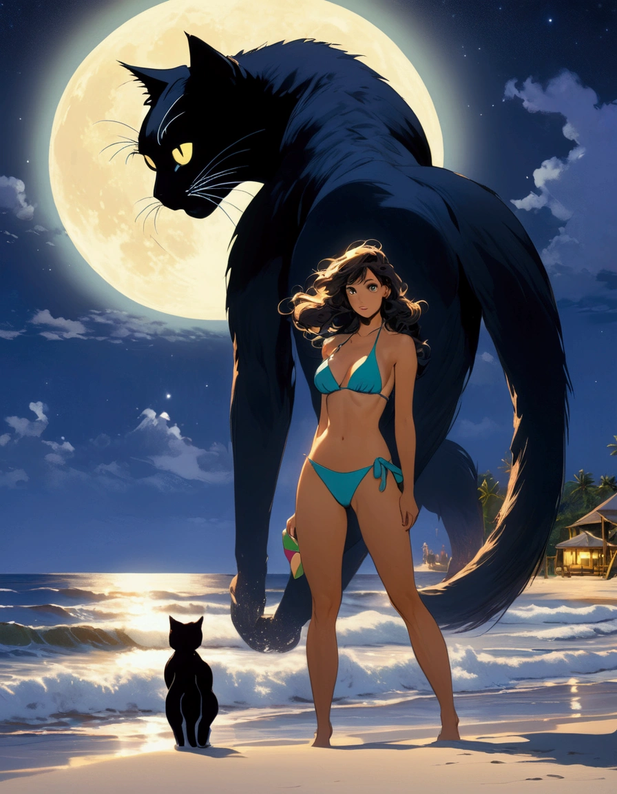 A giant cat stalks a bikini clad woman, beach by moonlight