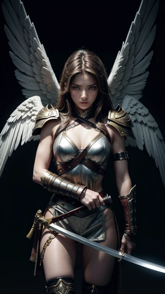 A wallpaper with a female warrior angel, with a dark background, and a sword in hand 
