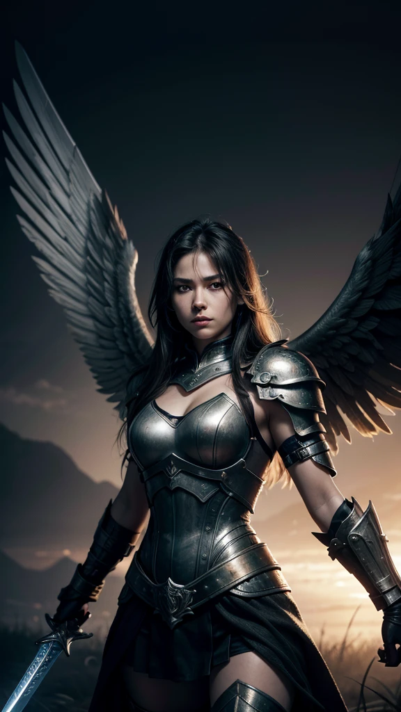 A wallpaper with a female warrior angel, with a dark background, and a sword in hand