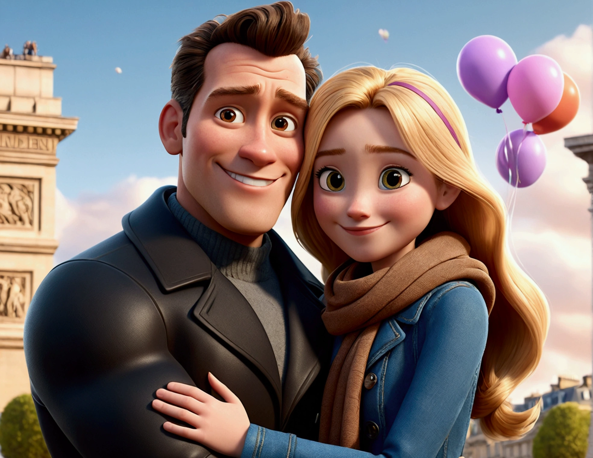 Cartoon character of a tall man 27 years old, smiling happy in black coat animation character, hugging a 24-year-old woman with long, blonde hair and a small stature, smiling happily in brown coat and scarf, in front of the Arc de Triomphe in Paris background. balloons from the movie up. stylized character, animation style rendering, 3d stylized, Arnold Maya rendering, Stylized 3D rendering, toon render screenshot, 3d character, 3d character, Stylized 3D rendering, 3D character rendering, cartoon character, Personagem de close up, showing half body, photo orientation horizontally (Pixar-style) (master part:1.2) (bokeh) (best qualityer) (skin detailed) (detailed texture) (8k) (Argilla) (cinematic lighting) (sharp focus