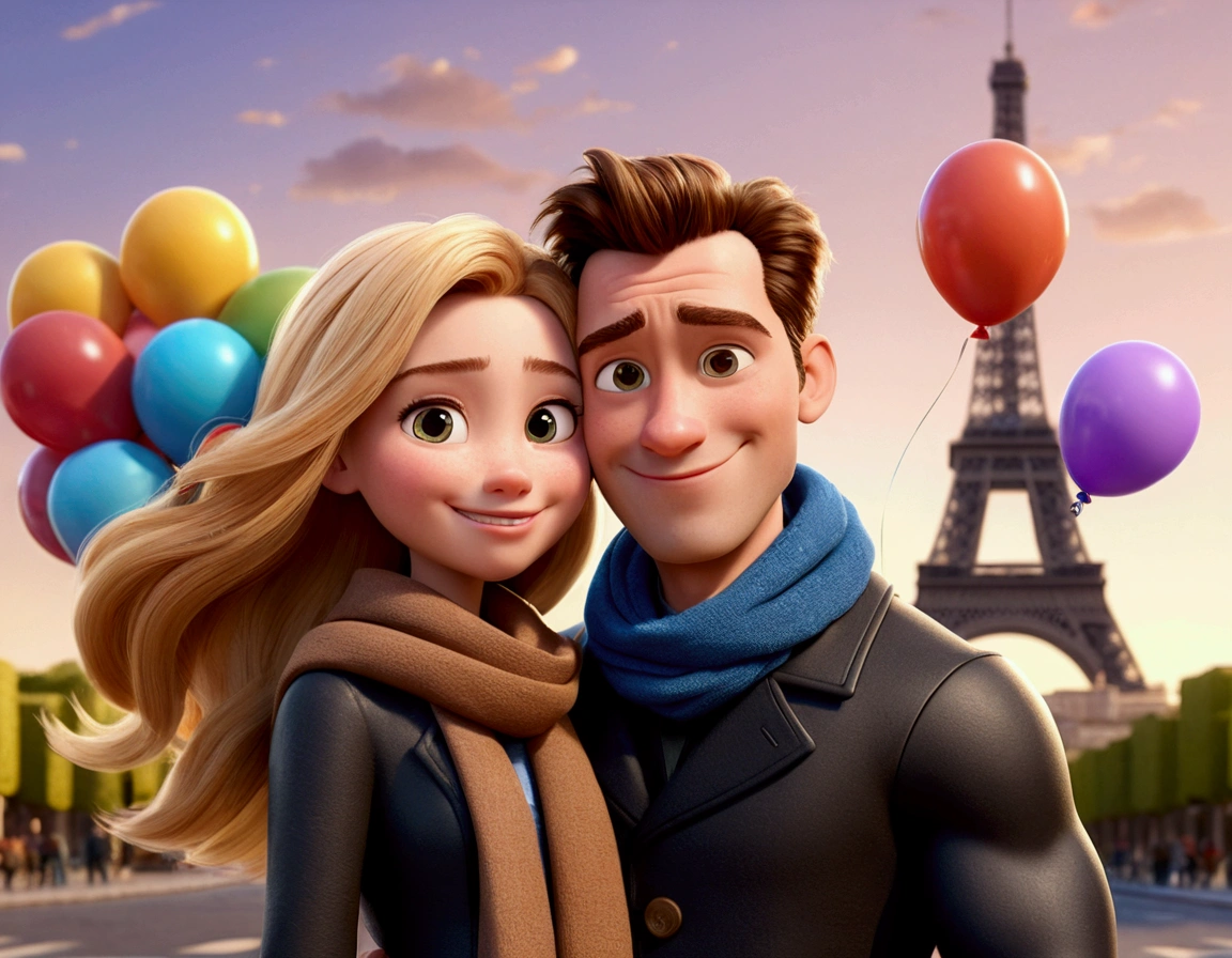 Cartoon character of a tall man 27 years old, smiling happy in black coat animation character, hugging a 24-year-old woman with long, blonde hair and a small stature, smiling happily in brown coat and scarf, in front of the Arc de Triomphe in Paris background. balloons from the movie up. stylized character, animation style rendering, 3d stylized, Arnold Maya rendering, Stylized 3D rendering, toon render screenshot, 3d character, 3d character, Stylized 3D rendering, 3D character rendering, cartoon character, Personagem de close up, showing half body, photo orientation horizontally (Pixar-style) (master part:1.2) (bokeh) (best qualityer) (skin detailed) (detailed texture) (8k) (Argilla) (cinematic lighting) (sharp focus