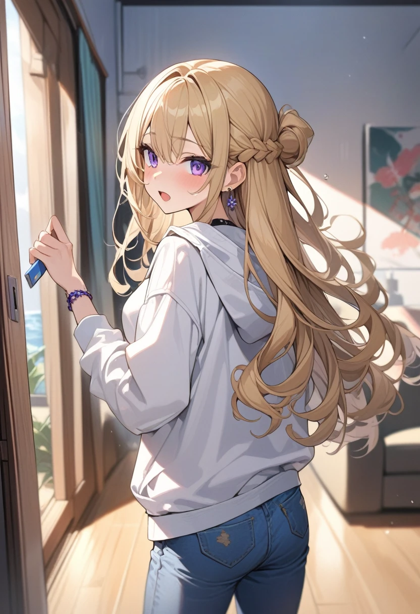 masterpiece, best quality, extremely detailed, ultra detailed, flat anime, 2D,
1girl, (young adult:1.2),blonde hair, (semi-long hair:1.2), curly hair, french braid, medium breasts, purple eyes, tsurime, height 1.7meters, 
white hooded sweatshirt, jeans,  earring,bracelet, long sleeves,socks,
very interesting, open mouth, USB flash drive in hand, 
upper body, portrait, looking back
summer, livingroom, 12AM., standing