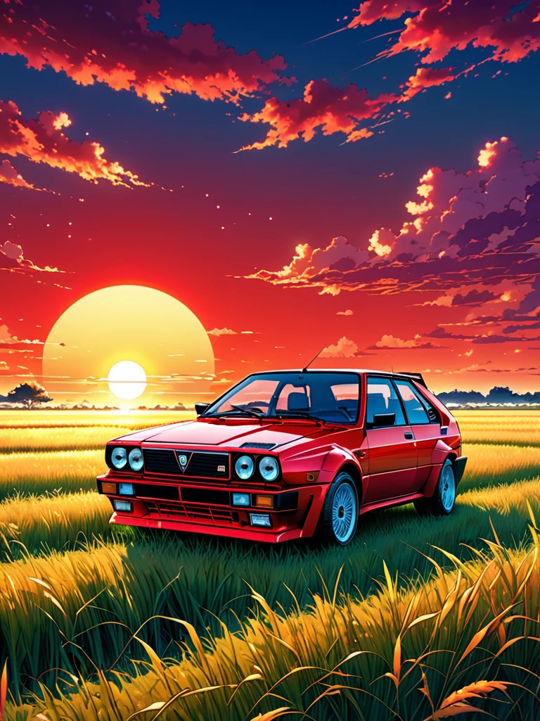 anime landscape of A pearl super laser vivid red metalic pearl color classic Lancia Delta Integrale 8V sport sits in a field of tall grass with a sunset in the background.beautiful anime scene, beautiful anime peace scene, Makoto Shinkai Cyril Rolando, beautiful anime scene, amazing wallpaper, anime art wallpaper 8k, anime background, artistic anime background, anime wallpaper 4k, anime art 4k wallpaper, anime wallpaper art 4k,