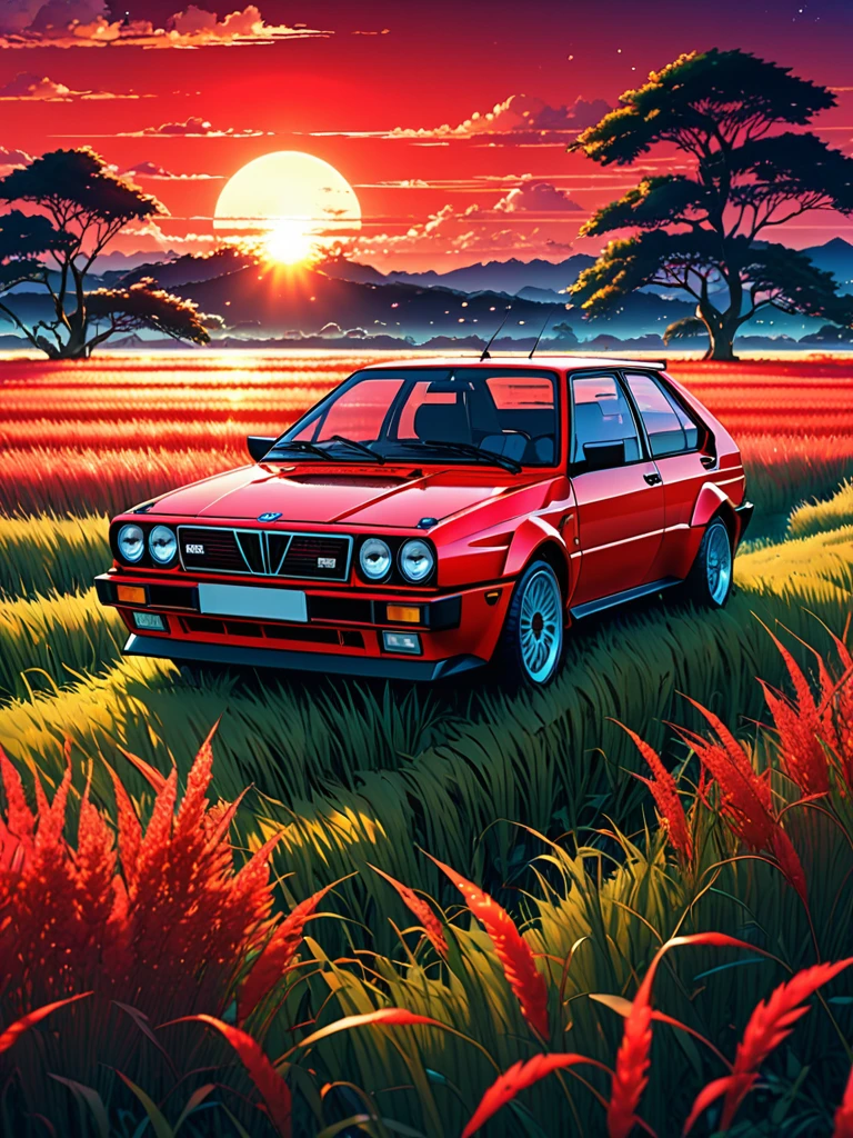 anime landscape of A pearl super laser vivid red metalic pearl color classic Lancia Delta Integrale 8V sport sits in a field of tall grass with a sunset in the background.beautiful anime scene, beautiful anime peace scene, Makoto Shinkai Cyril Rolando, beautiful anime scene, amazing wallpaper, anime art wallpaper 8k, anime background, artistic anime background, anime wallpaper 4k, anime art 4k wallpaper, anime wallpaper art 4k,