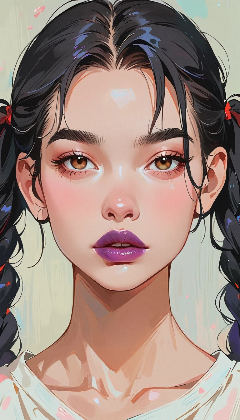 (masterpiece、Highest quality: 1.2)、1 girl、Lonely、Anime Style、Black Hair、Purple lips、Pigtails、Braid、In the style of a leading portraitist、Gray background。