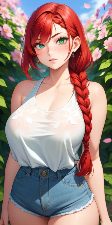 Beautiful giant and round breasts, 1 girl, ((Red hair, Beautiful long braid, braid decorated with petals)) Light green eyes, She has a beautiful sensual body with freckles, with full breasts and thin waist, Beautiful and cute tank top., high waist denim shorts, delicate woven women's belt, has a bold appearance. young, quality, realist, best quality, cute expression, pink lips lipstick, Nice smile, propensity, In the beautiful and romantic beautiful room. full body view