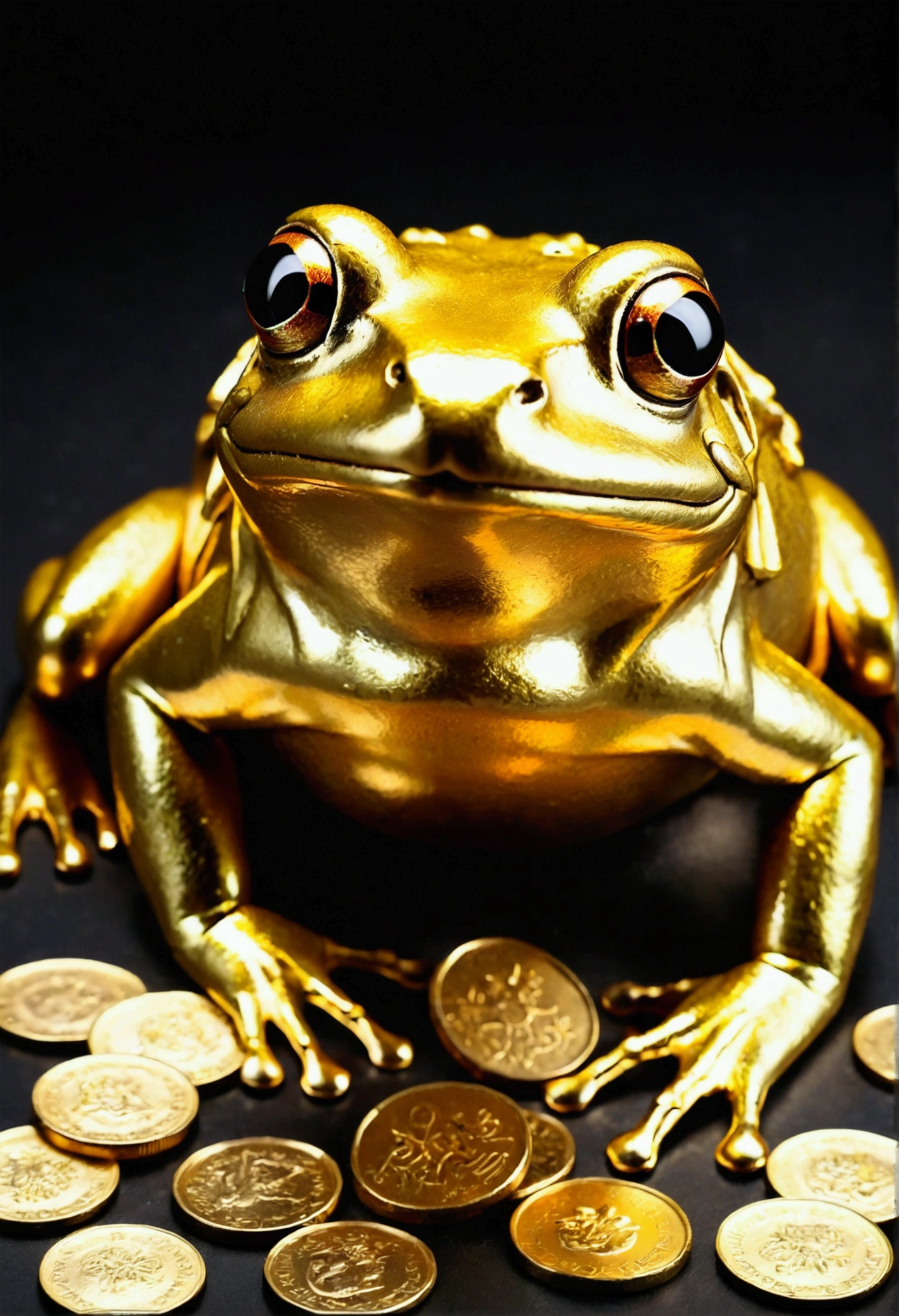 A golden frog covered in a pile of gold coins, With inscription "loki" To them (Highest quality, Realistic, Vibrant colors), Shining brightly under the studio lights. The golden frog is beautifully detailed., With sparkling eyes and a mischievous smile. Gold coins reflect light, Create a sparkling effect. The background is a dark and dramatic setting, to enhance the overall ambiance. The color palette is、Rich golden tones and deep shadows., Add a touch of luxury to your scene. Lighting、Highlights the details and textures of both the golden frog and the coin, Creating a sense of depth and realism.