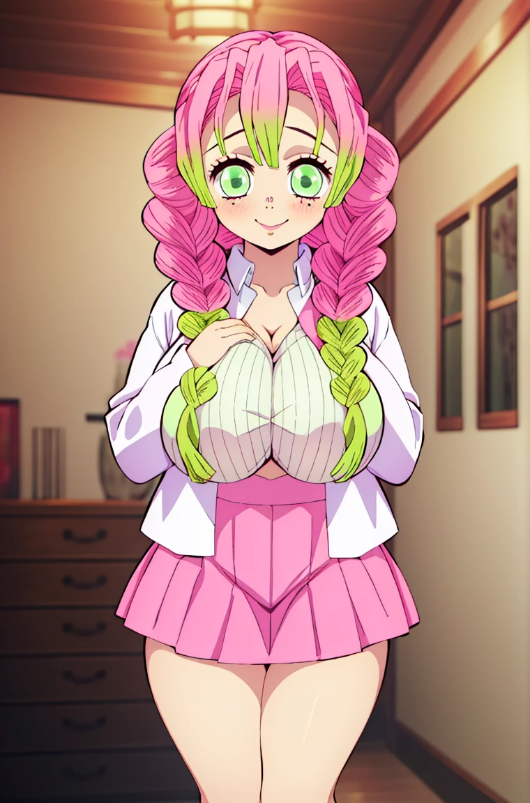 (masterpiece, best quality), 1 girl, Mitsuri Kanroji, stunning, smile, massive breast , huge breast, breast, bedroom, (( white tigh long sleeve shirt)), ((pink mini skirt))