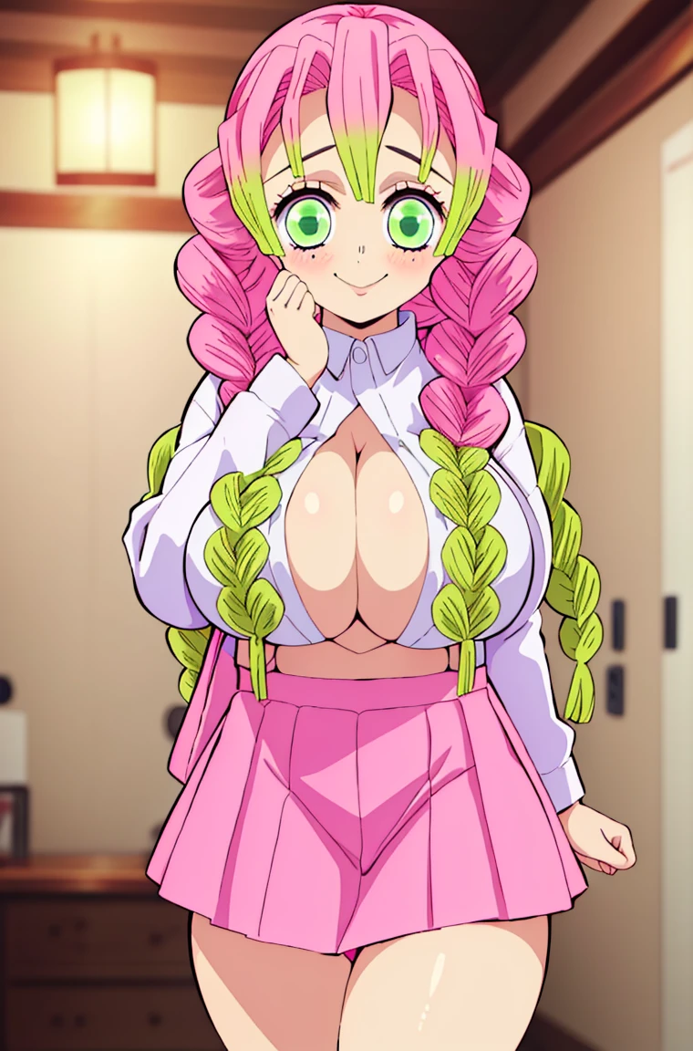 Mitsuri kanroji (demon slayer),1girl, pink hair,multicolored hair, green eyes, anime style, haori, big breasts, vagina, 1boy, hetero, penis, sitting, sex, cowgirl position, butterfly mansion(demon slayer), super happy,  green socks only, naked, skirt