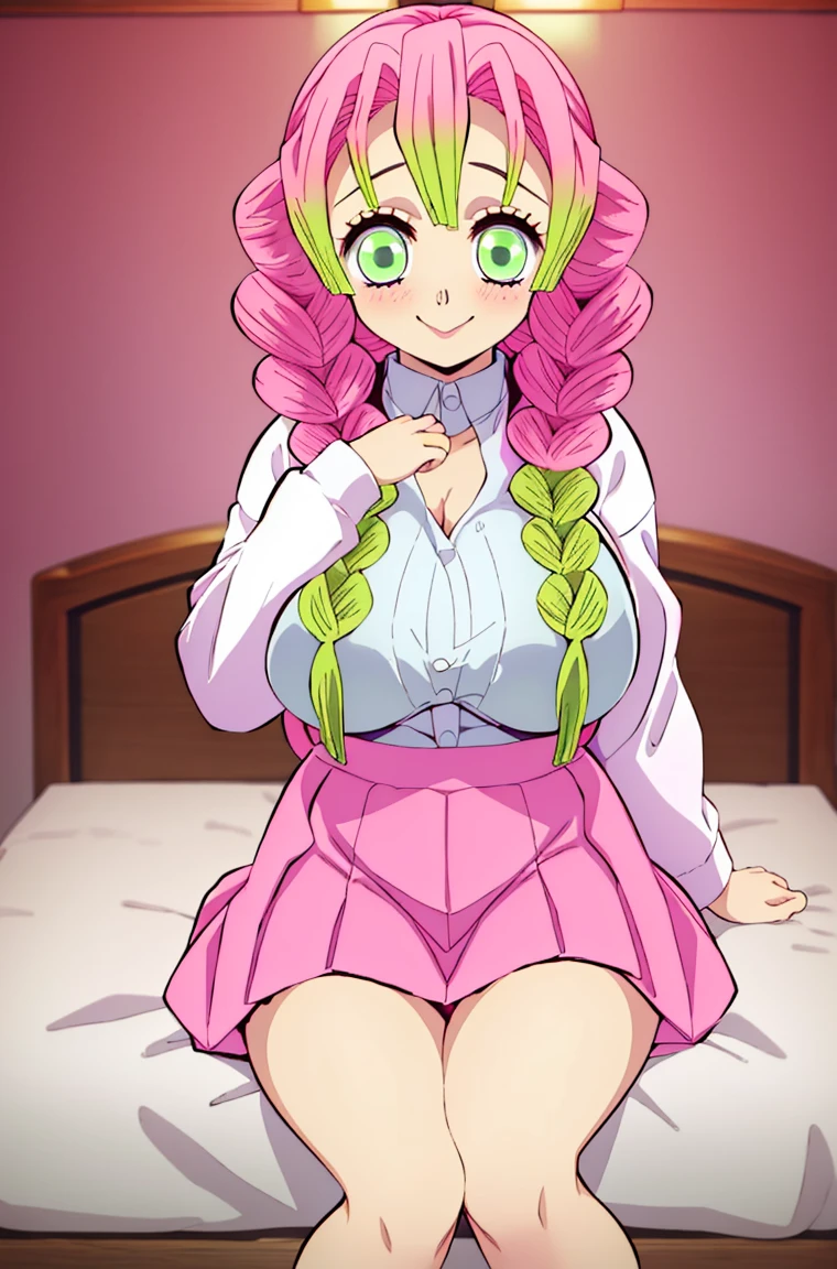 1girl, Anime girl with long hair, anime moe art style, Anime visuals of cute girls, Anime Best Girl, pretty anime girl, Smooth Anime CG Art, Seductive Anime Girl, charming anime girls, Cute anime girl, Shining eyes, massive boobs, mitsuri, (((nude))), smile, pink hair, green hair tips, green eyes, ((thick thighs)), close up, warm light, ((((peeing herself)))), nipples, crouching, ((spreading legs)), bedroom, ((hands behind the back))