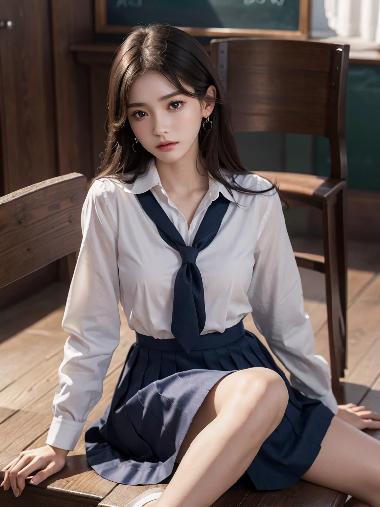 absurdres, RAW photo, extremely delicate and beautiful, masterpiece, Best Quality, ultra high resolution, 32k, hyperrealistic, ultra-detailed, perfect anatomy, super Detailed skin, perfect figure, Super Beauty, Perfect Style, Perfect balance, Beautiful Lighting, Perfect Lightning, Realistic Shadows, 20 years old, very Slim body, narrow waist, very small head, very small face, delicate facial features, handsome detailed woman, very detailed eyes and face, realistic face proportions, Realistic beautiful face, Realistic beautiful eyes, tearful mole, earring, very huge round breasts, legs, medium hair, asymmetrical hair, full_body_shot, indoor, ((school_uniform)), short skirt, bare foots,