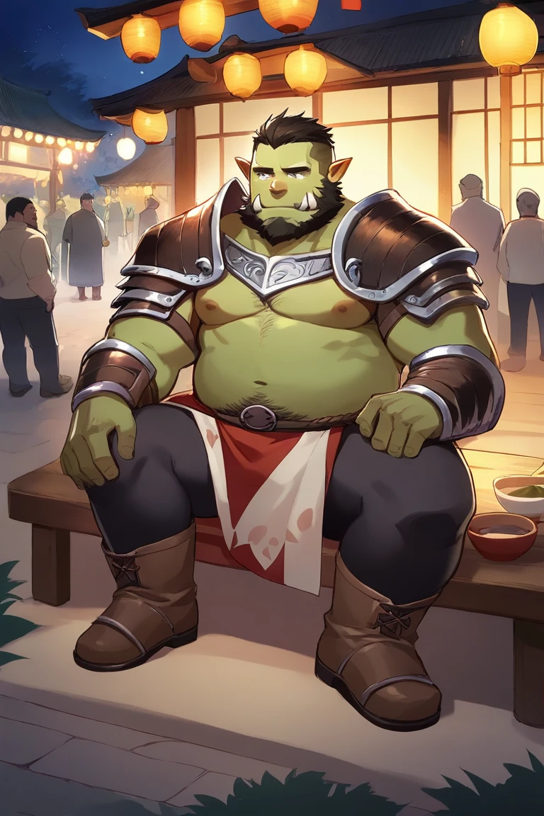 score_9, score_8_up, score_7_up, solo, male focus, mature male, orc, green skin, tusks, beard, outdoors, micro armor , shoulder armor, breastplate, upper body , pauldrons, night, night sky,, boots , (micro fundoshi) , full body , laying spread legs , legs up , His body was wet with cum