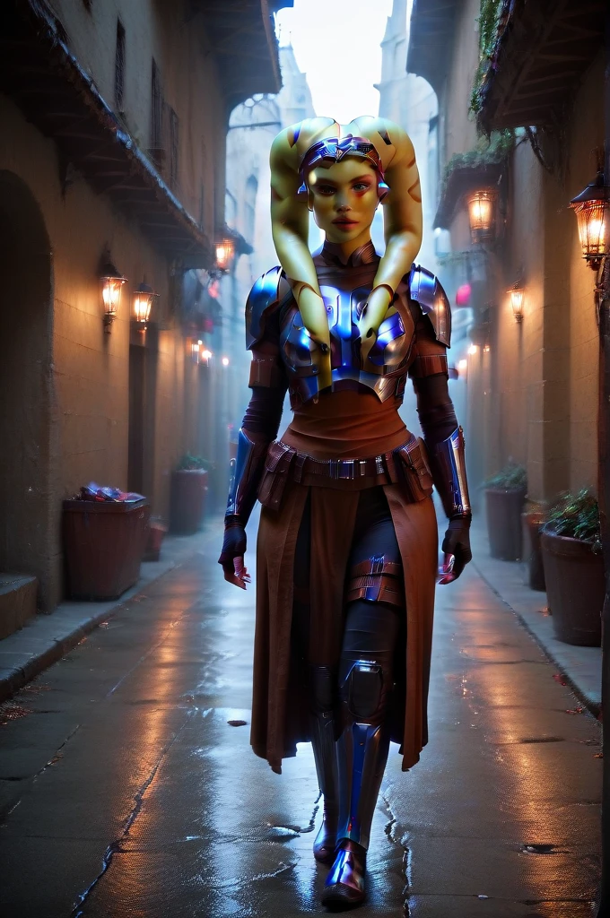 a ((fall body)) ((female twi'lek ))mandalorian,walking on fire, beautiful detailed eyes, beautiful detailed lips, extremely detailed face, long eyelashes, mandalorian armor, sci-fi, cinematic lighting, dramatic, epic, intricate details, hyper-realistic, 8k, high-quality, photorealistic
