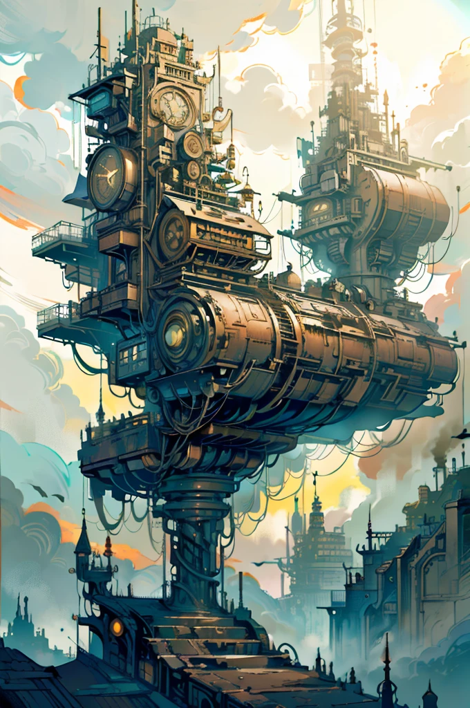 In the desolate valley, there is a prosperous city with a mechanical punk style, top-down view, distant view, retro futurism, a steampunk city street full of high-rise buildings, with steampunk style buildings on both sides and a street in the middle, ultra high definition, 8k,