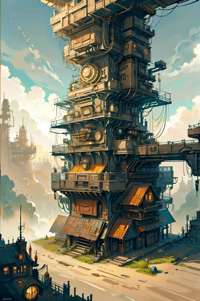 In the desolate valley, there is a prosperous city with a mechanical punk style, top-down view, distant view, retro futurism, a steampunk city street full of high-rise buildings, with steampunk style buildings on both sides and a street in the middle, ultra high definition, 8k,