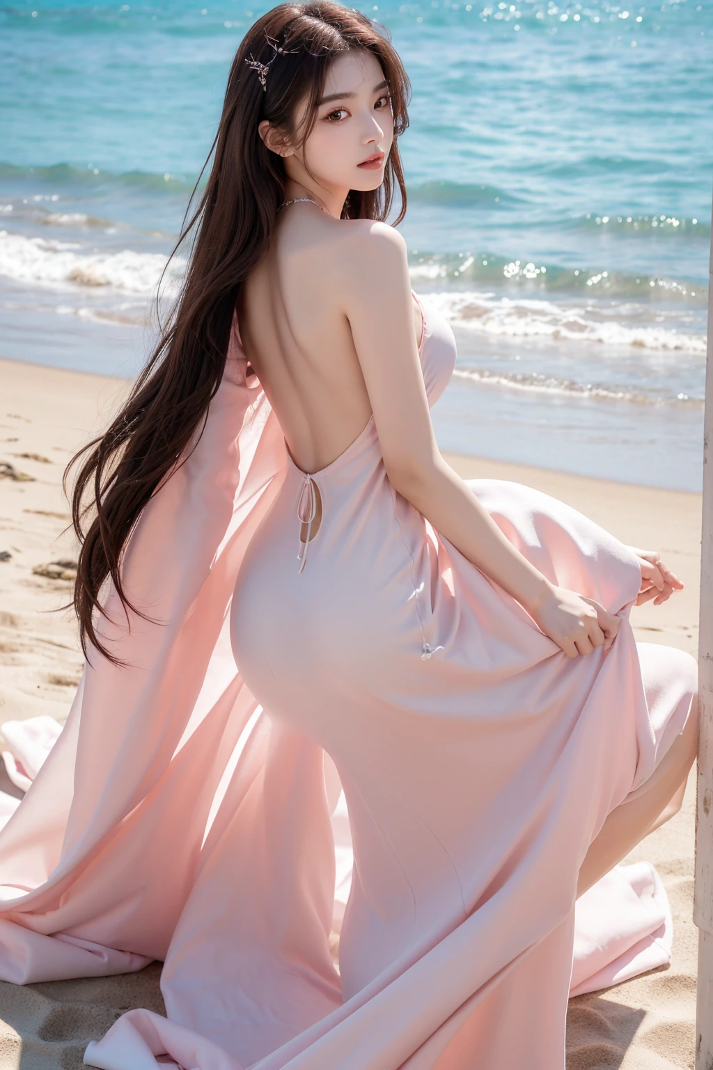 masterpiece, high resolution, best quality, Very detailed, pink eyes, beautiful Koreanwoman, light pink dress,beach,long hair, big breast, backless dress, exposing dress, luxurious dress