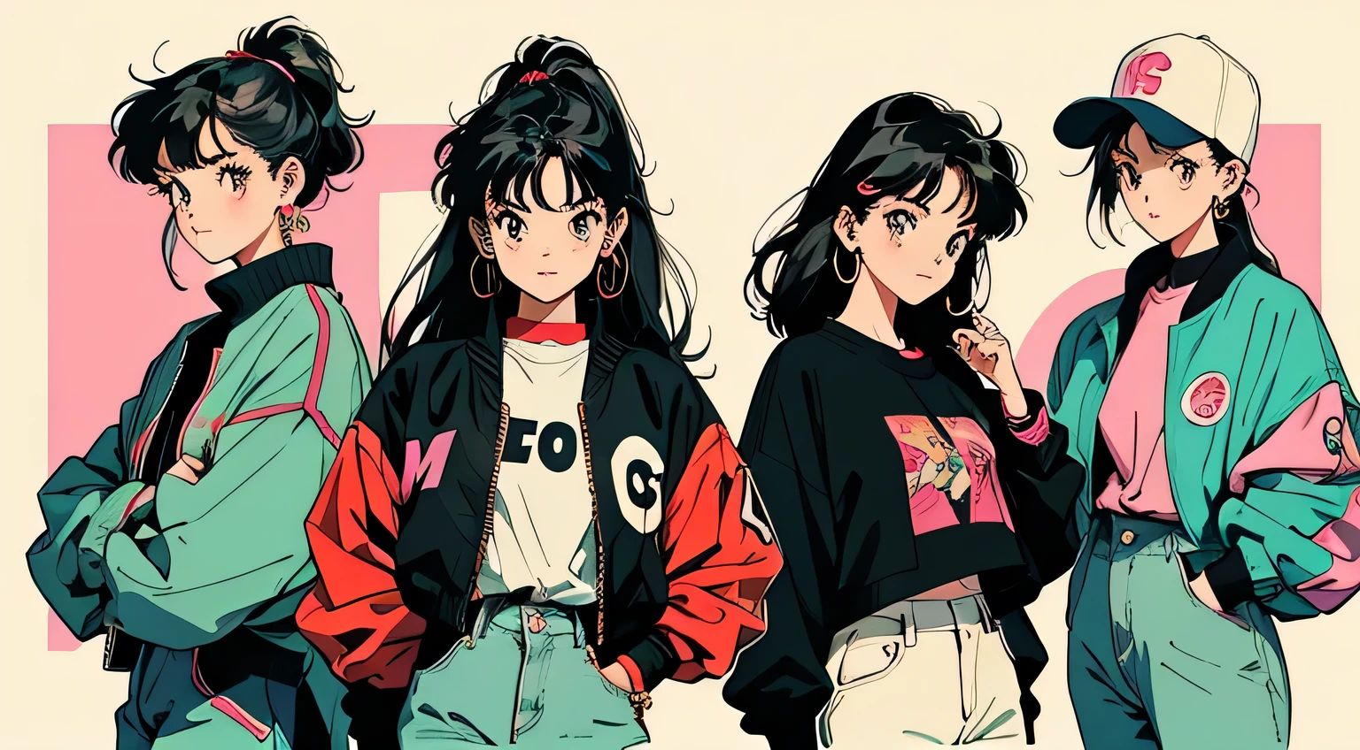 Retro Anime Girl,Urban Fashion,Streetwear,90s Vibe,Colorful Clothing,Casual Pose,Bold Accessories,Graphic Jacket,High-waisted Pants,Sneakers