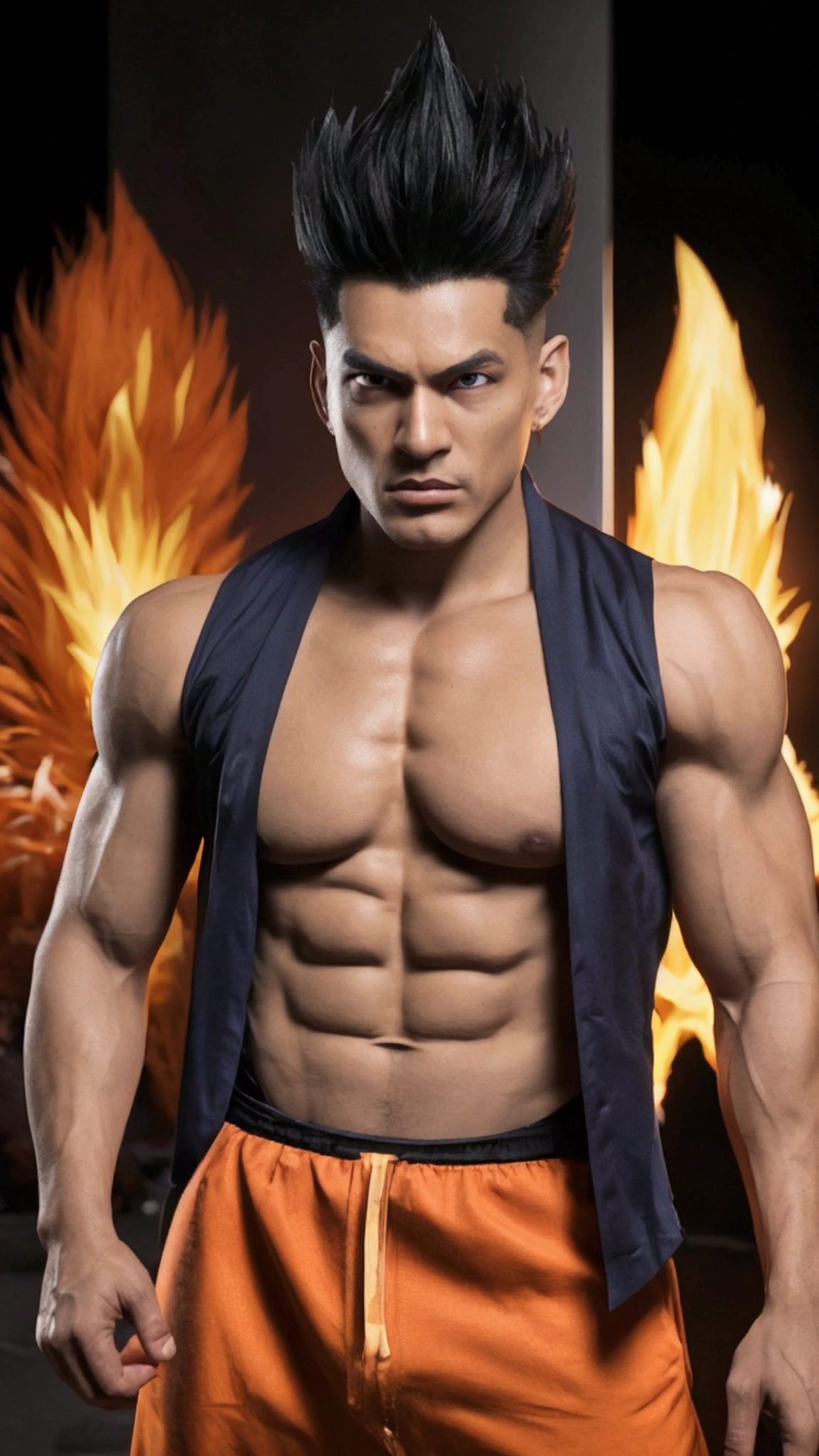 “Create a futuristic character inspired by Goku at level 4 in Super Saiyan. It must have a modern and technological look, with futuristic details in your clothing and accessories. The character must have his arms crossed, displaying a confident and powerful expression. Your appearance should reflect strength and determination, with spiky hair and intense eyes, characteristics of Super Saiyan level 4.”igual dragon ball gt