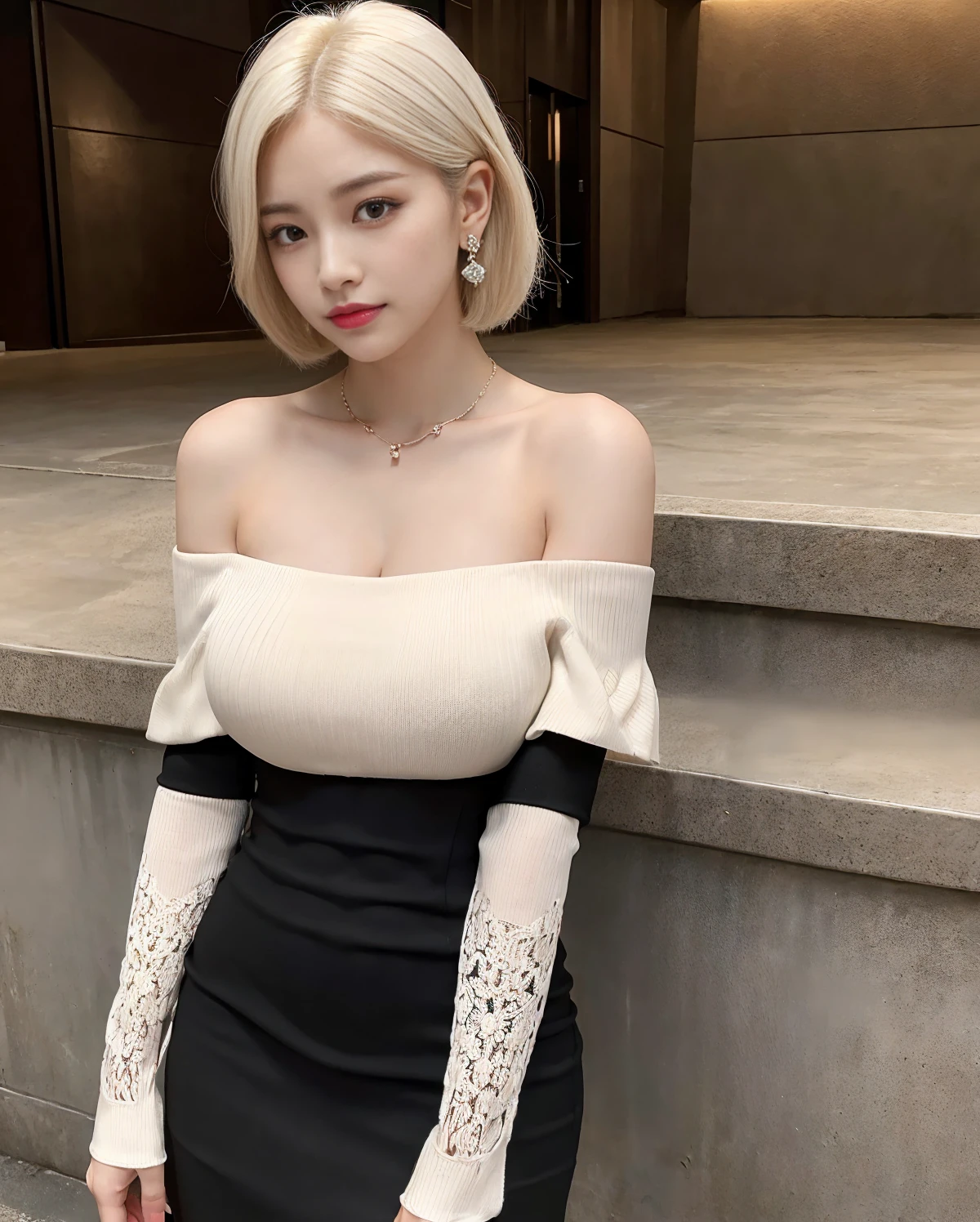 (((masterpiece))), Ultra-high resolution, (8k), (((Looks super realistic))), Highest quality, Ultra fine, ((Anatomically correct)), Cinematic lighting, (Super beautiful sexy 29 year old woman), ((Only one person)), Oval Face, Beautiful Face, smirk, Natural Makeup, Detailed big eyes, double eyelid, Detailed eyebrows, Thick lips, ((Short hair:1.3)), ((White Blonde hair color:1.3)), Detailed skin texture, Glowing Skin, Alluring large breasts:1.3, Perfect and beautiful body, Seductive big ass, Detailed and perfectly fitted outfit, (((Sexy black off-the-shoulder dress))), Fascinating earrings, Fascinating Necklace,