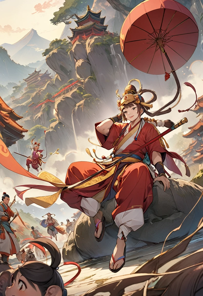top quality, best quality, High-quality illustrations, masterpiece, super high resolution, detailed background, monkey: a journey to the west, A classic of Chinese literature, this beloved folktale is part adventure story, Sun Wukong, Zhu Bajie, Sagojo, Sanzang,