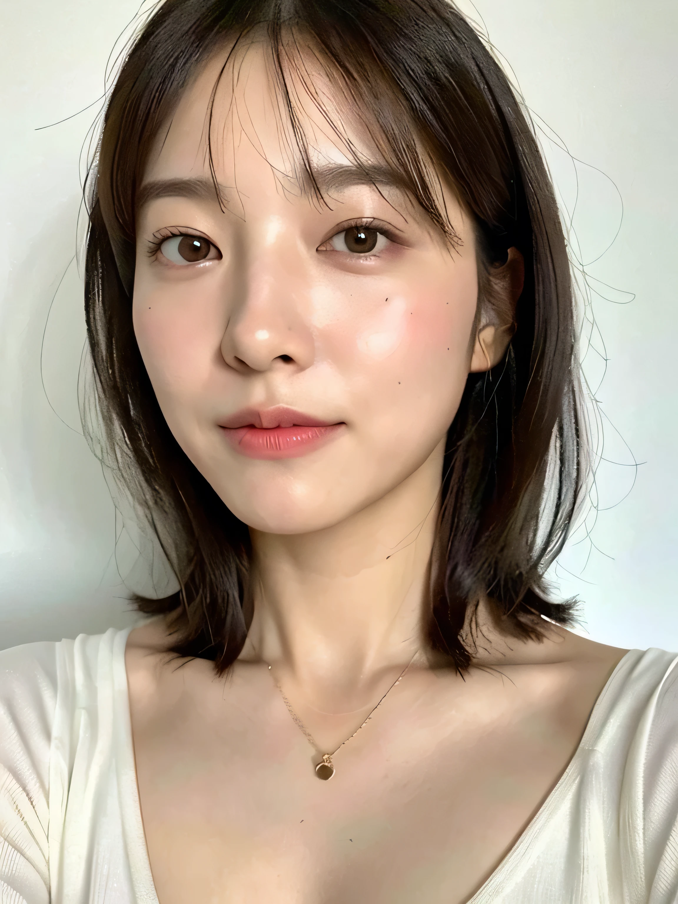 (Highest quality、8k、32K、masterpiece、Hmph:1.2)、Cute Japanese Women Photos、short hair、Photographed in front of a white wall、Crew neck、Photographed in natural light、Upper Body、Surface Focus、Long sleeve dress、Simple Necklace、From above、Mix 4、(8k、RAW Photos、Highest quality、masterpiece:1.2)、(Realistic、Photorealistic:1.37)、1 girl、Photon Mapping、Physically Based Rendering、Excellent image quality、High resolution、1080P、(Beautiful face)、(Detailed facial depiction)、(Detailed explanation of the hand setter muscle parts)、(Detailed CG)、Dirty hair、masterpiece、Rich details、(exquisite features)、(Best image quality)、(masterpiece)、(Detailed eyes)、I look forward to seeing you、Delicate clavicle、Various poses