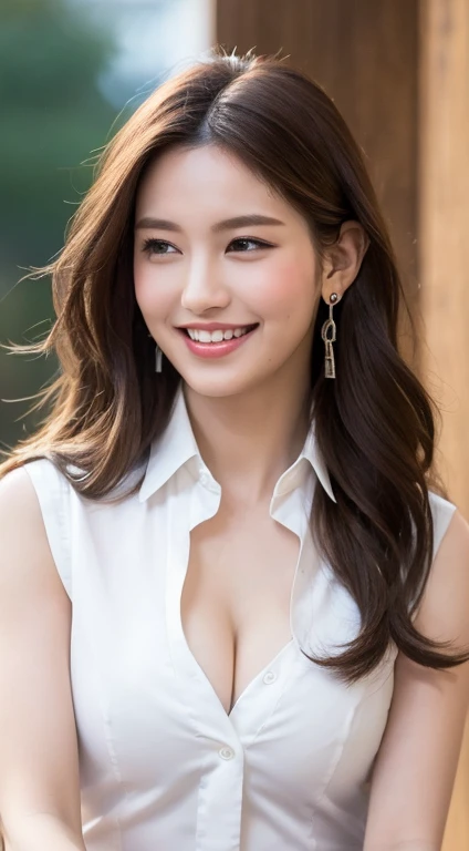 ((Highest quality, 8k, Tabletop: 1.3)), sharp: 1.2, Perfect Body Beauty: 1.4, Slim Abs: 1.2, ((light brown Long Hairstyle,Medium chest: 1.2)), Cleavage, (Pale white long shirt: 1.1), Highly detailed face and skin texture, Beautiful Eyes, double eyelid, Side view of the camera, Innocent, (Excited: 1.3)、Cute Smile、Big earrings、Sleeveless、See-through collared shirt、Long Hair、Hair swaying in the wind、