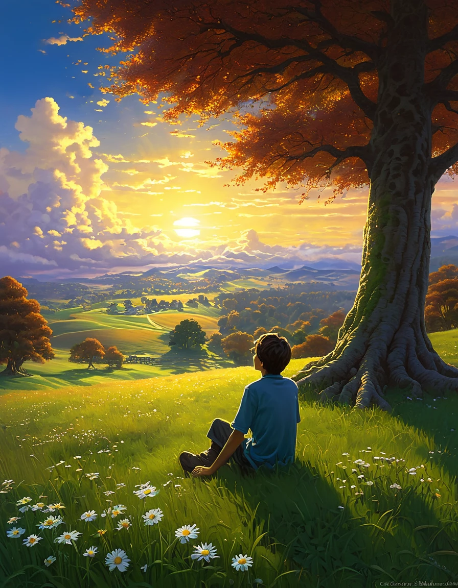 ANIME MASTERPIECE - Creates an image of a serene, sunlit rural scene in vibrant, detailed anime style. The scene is a boy sitting next to a tree in an autumn meadow, looking at a vast golden sky with white clouds, an incredible sunset, tall green grass, daisy flowers, ULTRA Style Kilian Eng and Thomas Kinkade, Rob Gonsalves and Tim White , Silvain Sarriel. Rhads and Thomas Kinkade, inspired by RHADS, cyril rolando and m.w kalut, cyril rolando and m. w kalut, rhads!!!
