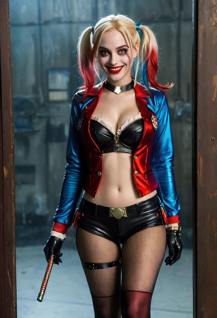 ultra realistic, photography, long red hair, girl, 24 years old, hourglass figure, perfect body, Flirty look, extremely detailed artgerm, in the style artgerm, small breasts, facing the camera, lens 35 mm, blur background, red and blue Harley Quinn costume (from the 2016 suicide squad movie), lively costume party as background, laughing, full body picture, full body, black sheer tights