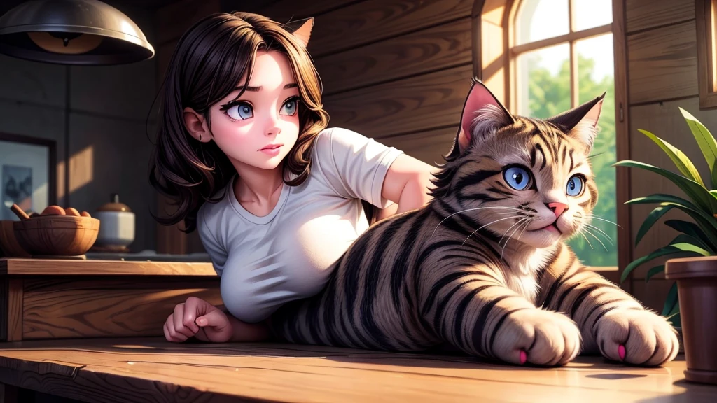 a giant cat, nekomata, startling a girl, beautiful detailed eyes, beautiful detailed lips, extremely detailed eyes and face, long eyelashes, portrait, intricate details, highly detailed, hyper realistic, 8k, masterpiece, dramatic lighting, moody atmosphere, eerie, surreal, supernatural, fantasy, cinematic, vivid colors, chiaroscuro