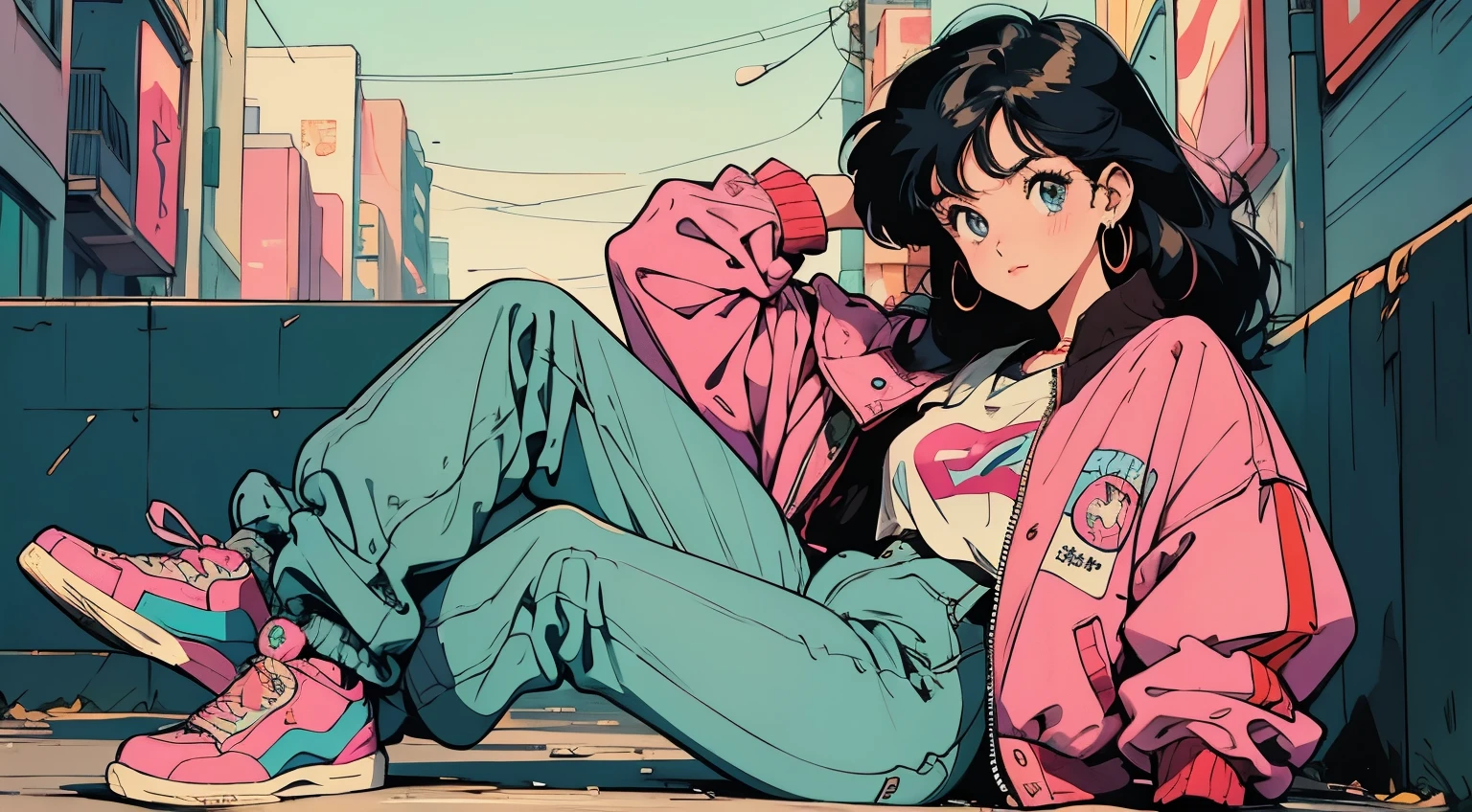 city pop , anime, manga,Retro Anime Girl,Urban Fashion,Streetwear,90s Vibe,Colorful Clothing,Casual Pose,Bold Accessories,Graphic Jacket,High-waisted Pants,Sneakers