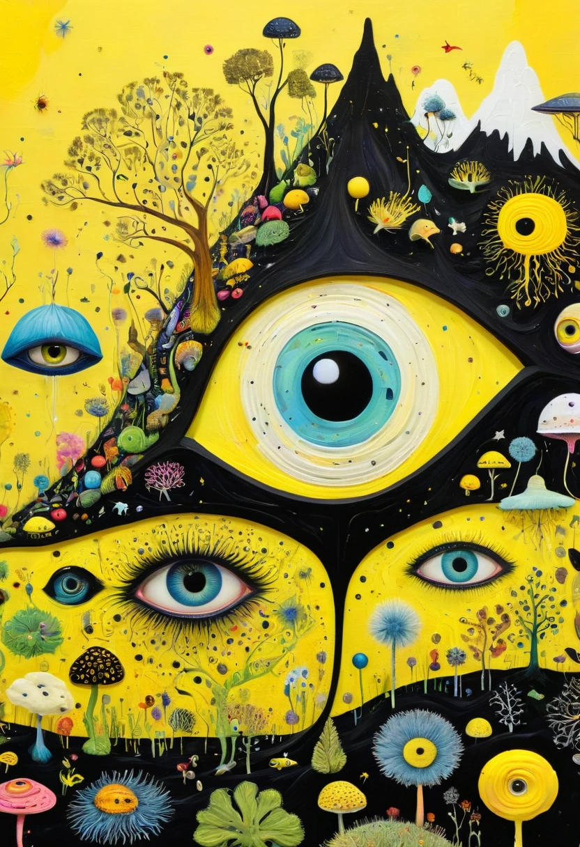 Intense visual fusion of various elements，broto，microorganism、plantar、house、Eye、wild animal life，Stitching an abstract painting，Describing the inner world of autistic people，Sense of space，blank space，interesting，innocence，psychedelic art，yellow and black,3d