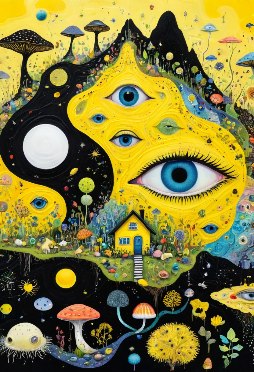 Intense visual fusion of various elements，broto，microorganism、plantar、house、Eye、wild animal life，Stitching an abstract painting，Describing the inner world of autistic people，Sense of space，blank space，interesting，innocence，psychedelic art，yellow and black,3d