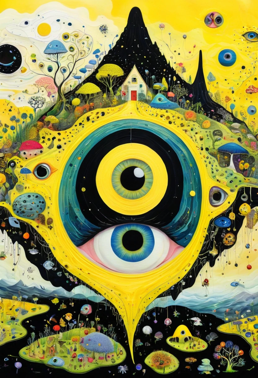 Intense visual fusion of various elements,broto,microorganism、plantar、house、Eye、wild animal life,Stitching an abstract painting,Describing the inner world of autistic people,Sense of space,blank space,interesting,innocence,psychedelic art,yellow and black,3d