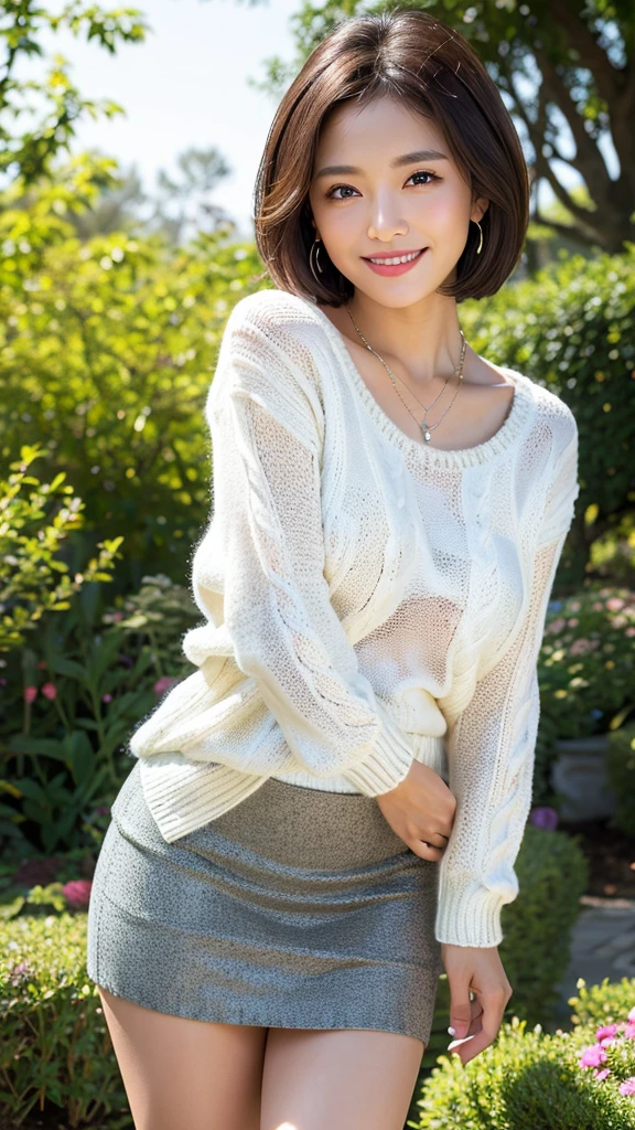 ((Knitted sweater、mini skirt)),((Highest quality)),((smile)),((short hair)),Realistic, Very detailed, In detail, ((High resolution)), 8k,((Butt pose)),beautiful, Well-shaped eyes,(Japanese women),((sexy)),beautiful Skin,Detailed face,(Glamour),Brunette Hair,20th Generation,Bust Size: 87 cm,((summer、garden、Vast Nature))、Silver Necklace、Earrings、Dazzling sunlight