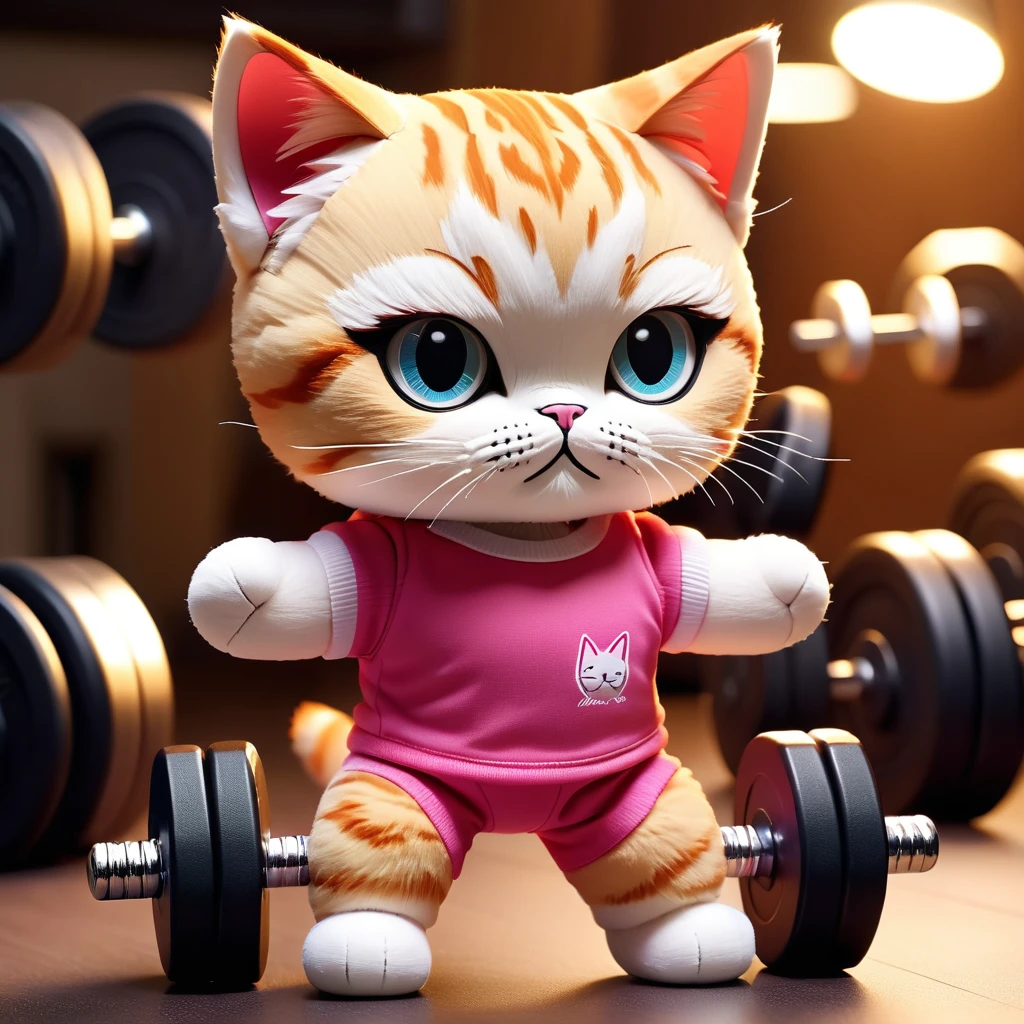 (knitted doll toys:1.8), (Cute cat exercising:1.3), (clothing: sportswear:1.0), (Accessories: dumbbell:1.2), (background: Gym,:1.2), best quality, masterpiece, Meticulous soft oil painting, detailed background, dramatic movie lighting, soft edge lighting, professional, dramatic lighting, hard edge lighting, super quality, 4K, masterpiece, best quality, 8k, Ultra high quality, High resolution, Very detailed