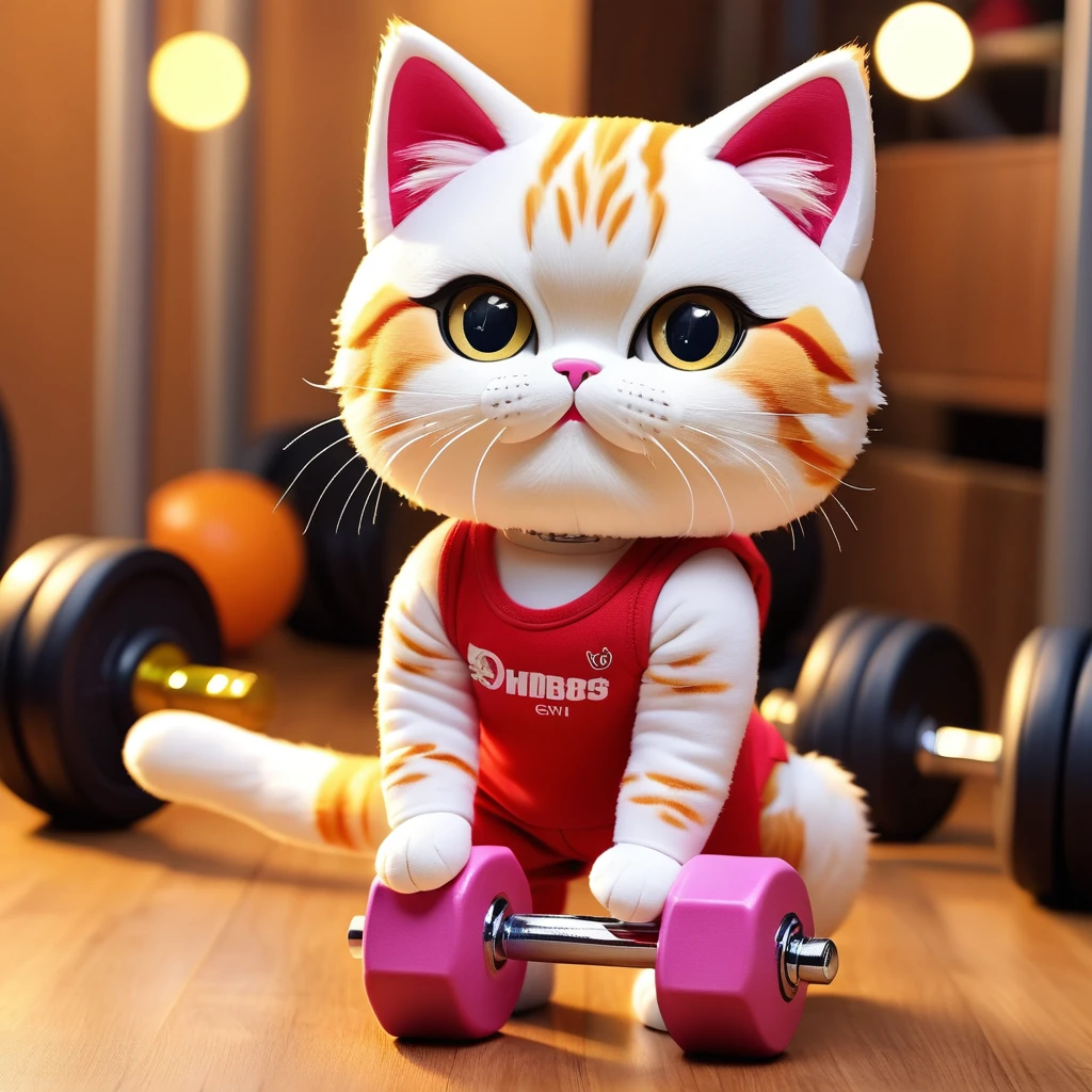 (knitted doll toys:1.8), (Cute cat exercising:1.3), (clothing: sportswear:1.0), (Accessories: dumbbell:1.2), (background: Gym,:1.2), best quality, masterpiece, Meticulous soft oil painting, detailed background, dramatic movie lighting, soft edge lighting, professional, dramatic lighting, hard edge lighting, super quality, 4K, masterpiece, best quality, 8k, Ultra high quality, High resolution, Very detailed